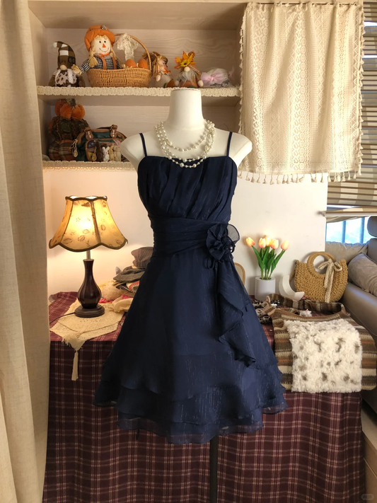 Elegant Spaghetti Straps Navy Blue Short Homecoming Dress Birthday Outfits Y9466