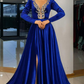 Royal Blue Long Sleeve Evening Dresses A Line Caftan Saudi Arabia Prom Gowns Side Split Occasion Dresses Y4938