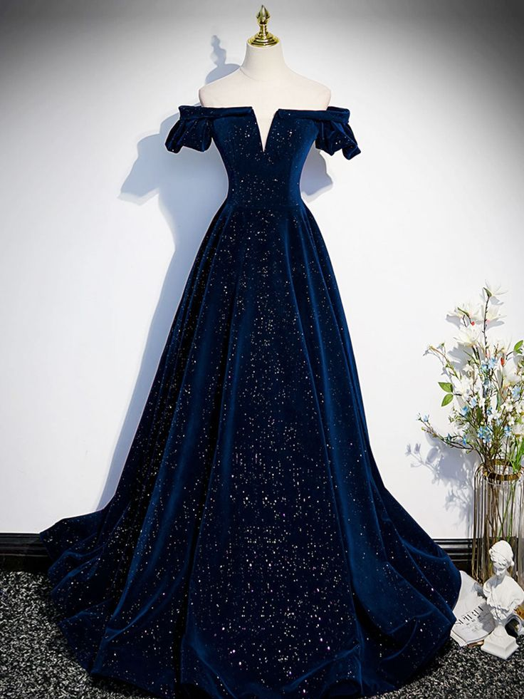 A-Line Off Shoulder Velvet Long Prom Dress, Long Formal Dress Y7433