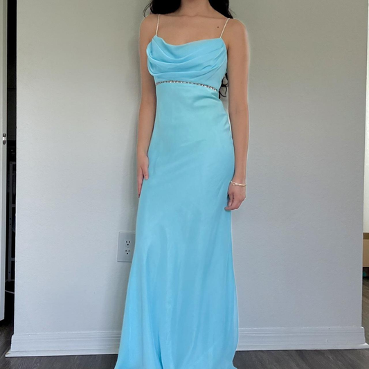 Classy Spaghetti Straps Beaded Satin Chiffon Mermaid Party Dress Long Prom Gowns SP444