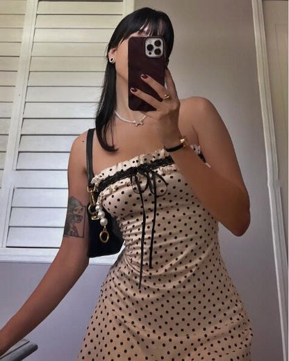 Elegant Light Apricot Satin Polka Dots Short 7th Grade Homecoming Dress,Strapless Short Prom Dress SP3207