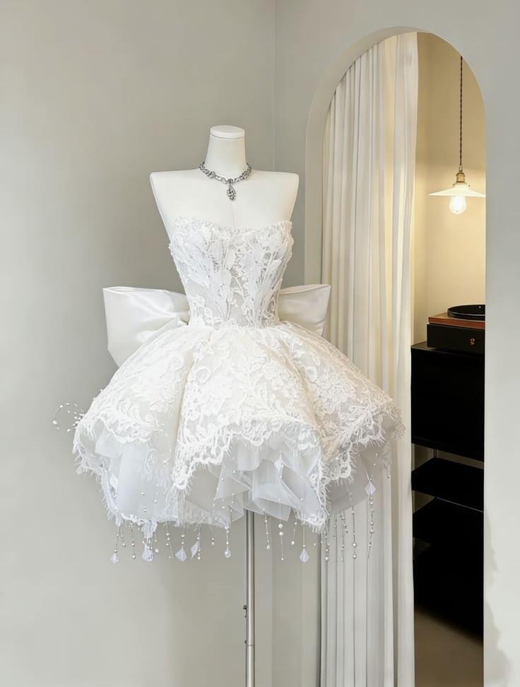 Glamorous Strapless A Line Short Birthday Dress White Lace Tassel Mini Homecoming Dress SP2399