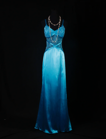 Charming Spaghetti Straps V Neck Satin Beaded Mermaid Long Evening Dress Blue 20th Birthday Outfits SP1691