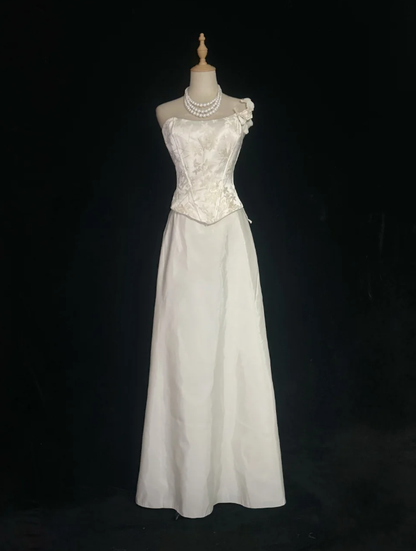 Classy Strapless Satin Print Floral A Line Long Wedding Guest Dress White Formal Evening Gowns SP1792