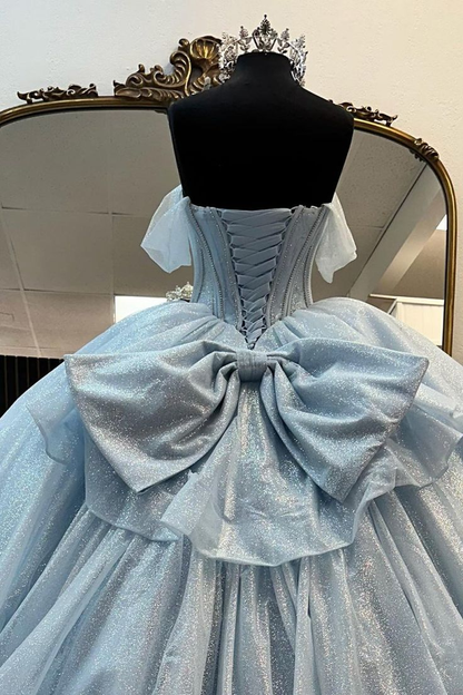Sweet Light Blue Off-the-Shoulder Quinceañera Dress Ball Gown With Bow SP570