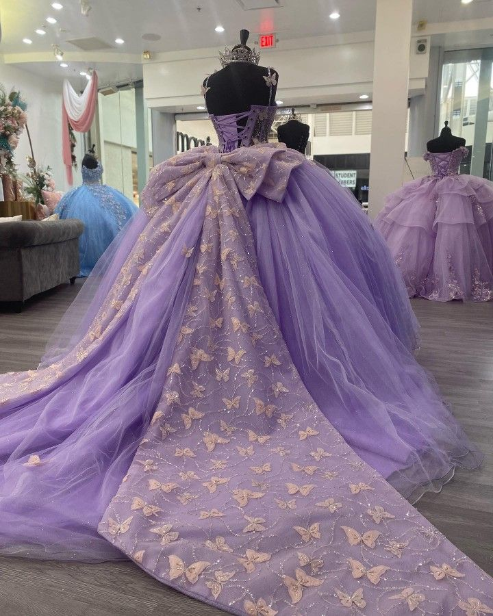 Purple Tulle Ball Gown With Butterflies,Sweet 16 Dress,Purple