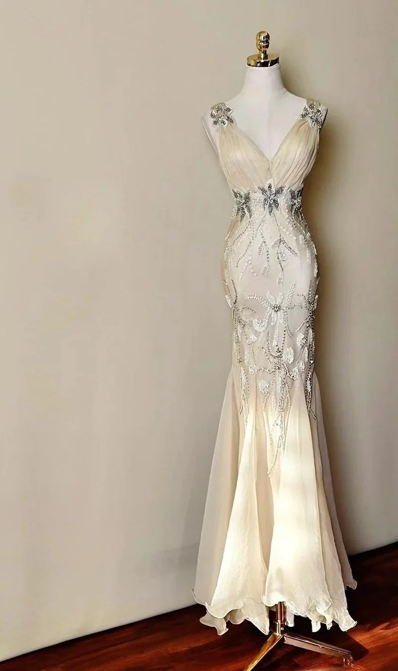 Elegant Light Champagne V-neck Beaded Mermaid Long Prom Dress Party Dress SP3837