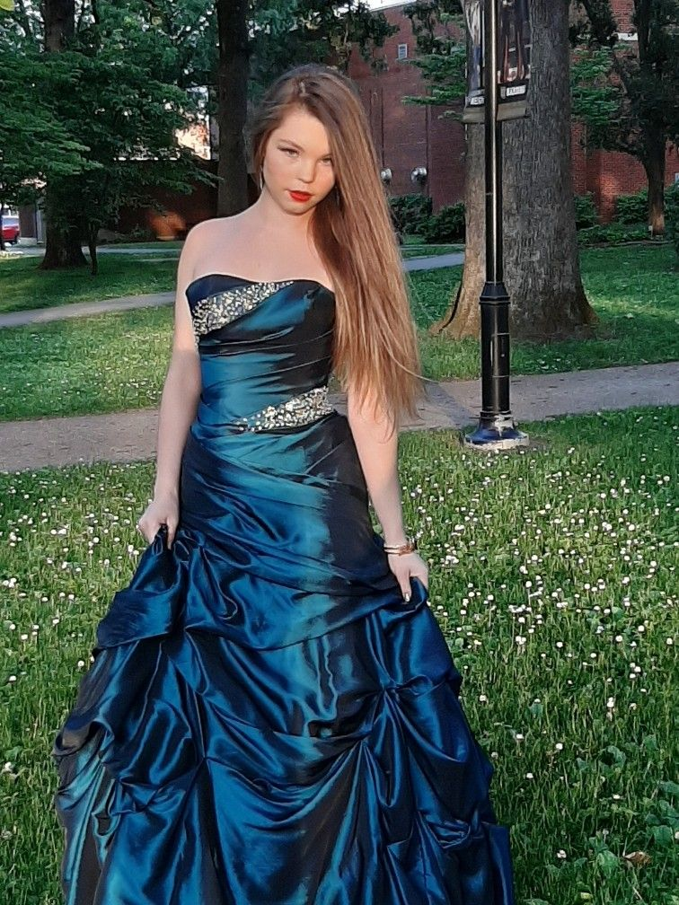 Retro Blue Strapless Satin Pleated Long Evening Dress Prom Dresses With Beads SP2128