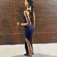 Shiny Navy Blue Sheath Evening Dress,Navy Blue Evening Gown  Y6359