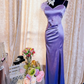 Classy Spaghetti Straps Purple Satin Appliques Mermaid Slit Party Dress Long Wedding Guest Dress SP1943
