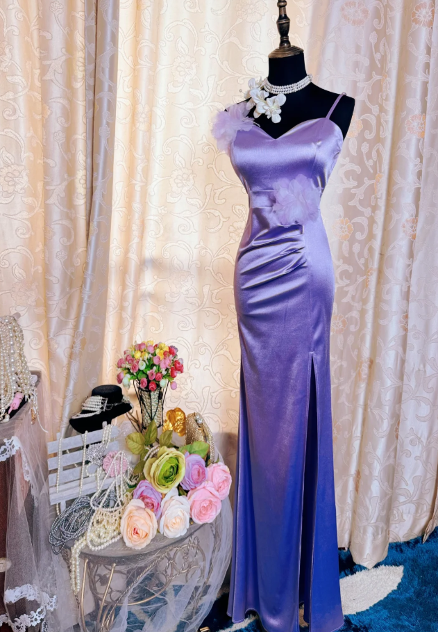 Classy Spaghetti Straps Purple Satin Appliques Mermaid Slit Party Dress Long Wedding Guest Dress SP1943
