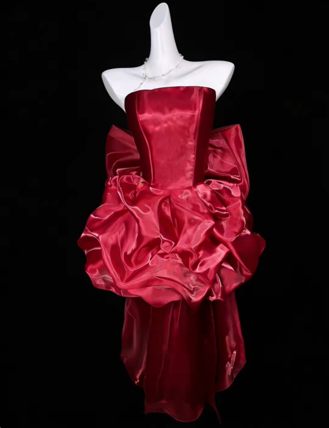 Charming Red Tulle Pleated A Line Short Homecoming Dress,Strapless Short Prom Dress With Bow SP3535