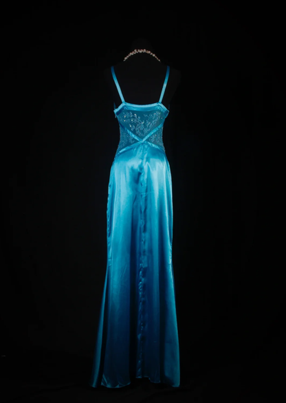 Charming Spaghetti Straps V Neck Satin Beaded Mermaid Long Evening Dress Blue 20th Birthday Outfits SP1691