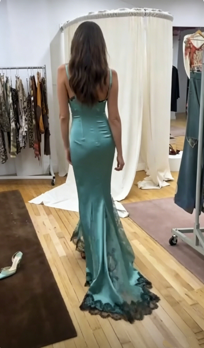 Fashion Blue-green Satin Lace Hem Mermaid Party Dress,Spaghetti Strap Long Wedding Guest Dress SP3374