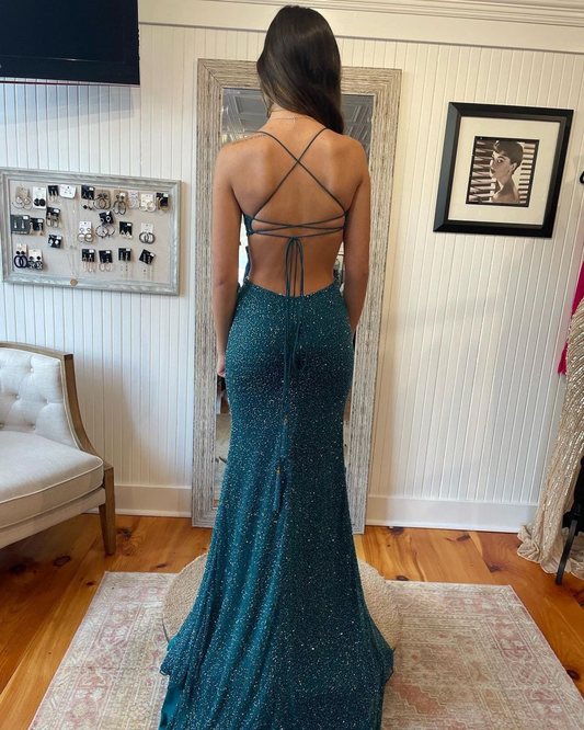 Glitter Mermaid Prom Dress With Lace-up Back,Winter Dance Dress Y5225