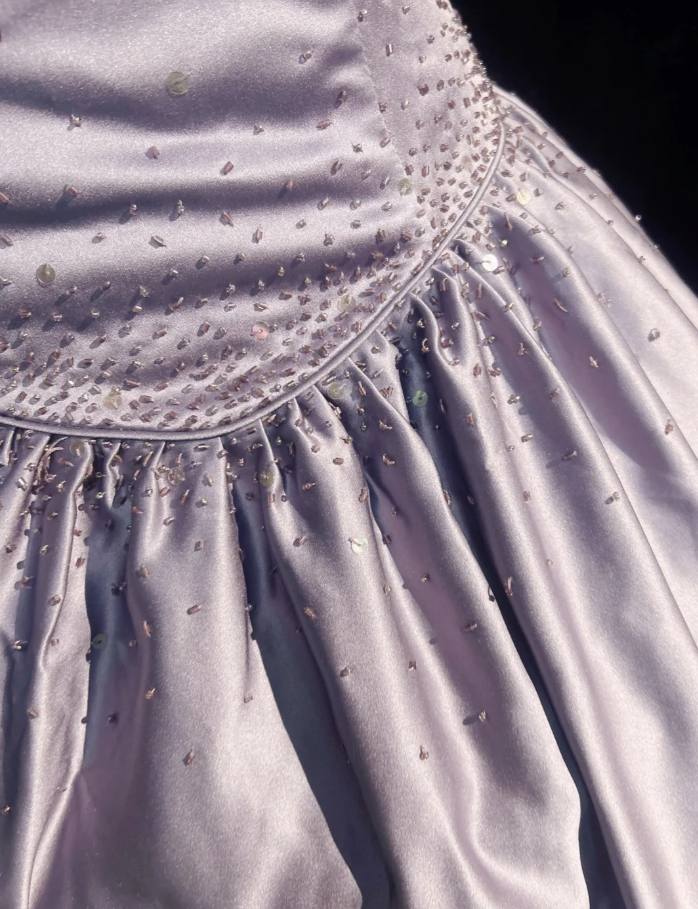 Elegant Strapless Ball Gown Lilac Satin Beaded Long Birthday Evening Dress SP1788