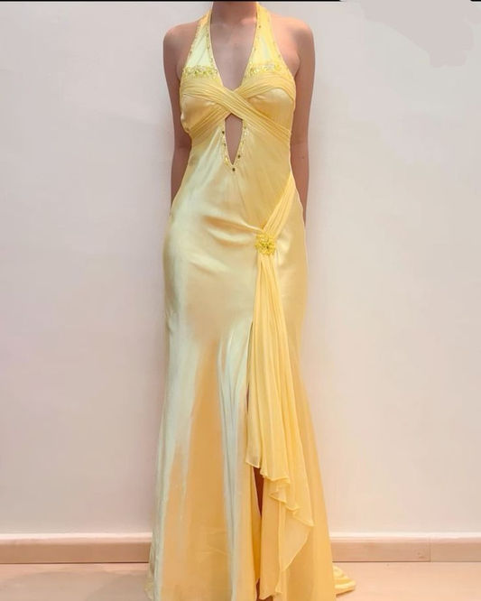 Elegant Yellow Halter Satin Beaded Prom Dress,Slit Mermaid Party Evening Dress Y8426