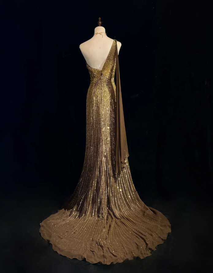 Gorgeous One Shoulder Gold Sequin Beaded Mermaid Long Prom Dress Party Gown SP1857
