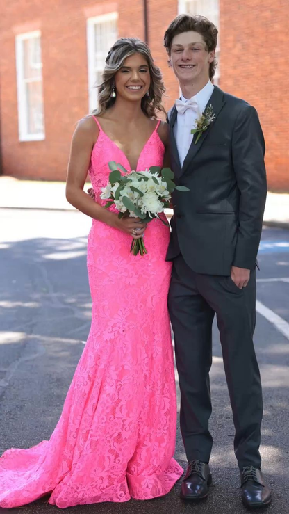 Chic Pink V Neck Mermaid Prom Dress,Lace Prom Gown,Pink Graduation Dress Y2235