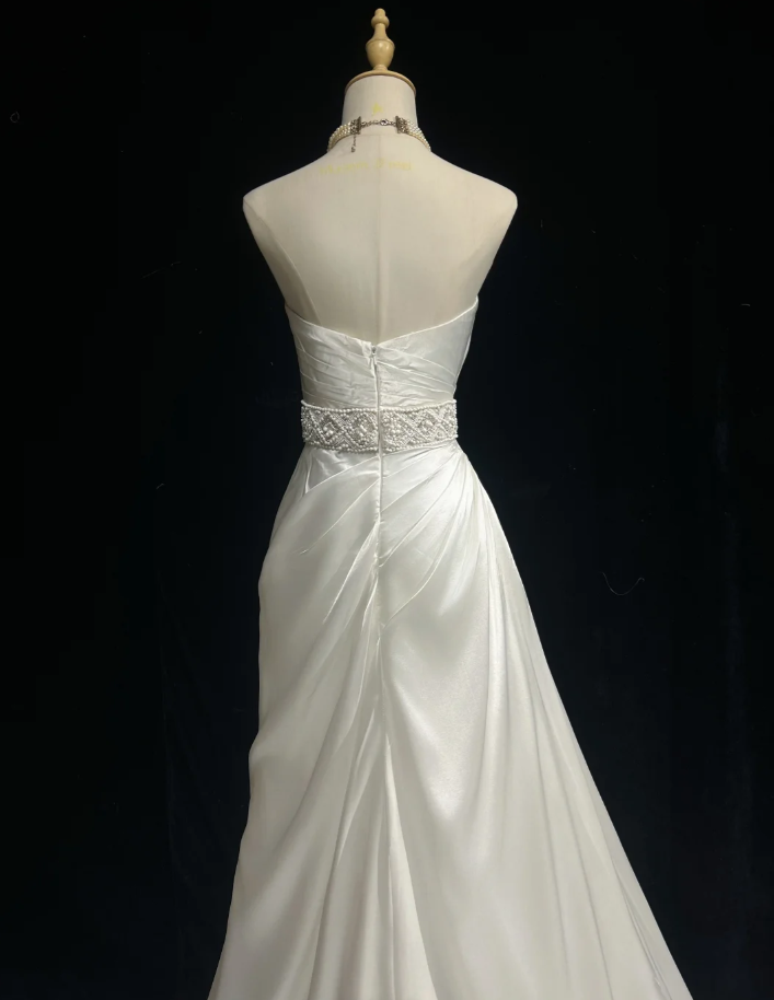 Classy Strapless White Satin Beaded Mermaid Wedding Dress Long Bridal Gowns SP1800