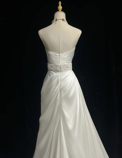 Classy Strapless White Satin Beaded Mermaid Wedding Dress Long Bridal Gowns SP1800
