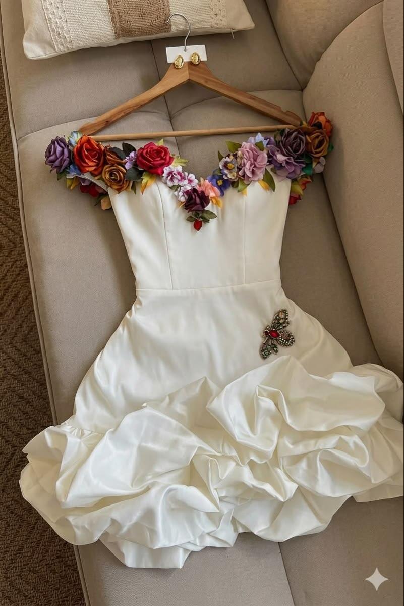 Chic Off The Shoulder Satin 3D Flowers Short Homecoming Dress,White Short 15th Birthday Outfits SP2425