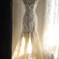 Vintage Spaghetti Straps Champagne Tulle White Lace Appliques Mermaid Long Wedding Dress SP1243