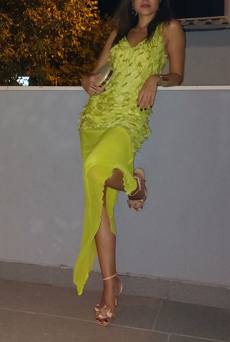 Chic V Neck Mustard Green Chiffon Long Evening Dress Birthday Outfits SP655