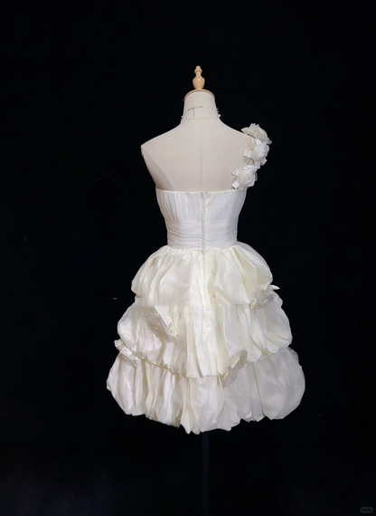 Fairy One Shoulder Satin Pleated A Line Mini Birthday Dress,White Short Homecoming Dress With 3D Flowers SP2900