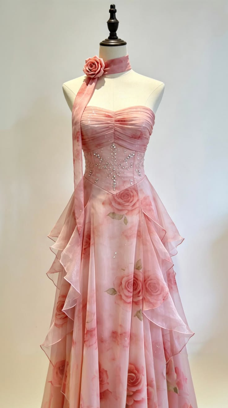 Elegant Pink Sweetheart Neck Chiffon Beaded Print Floral A Line Long Evening Dress Formal Wedding Guest Dress SP2443