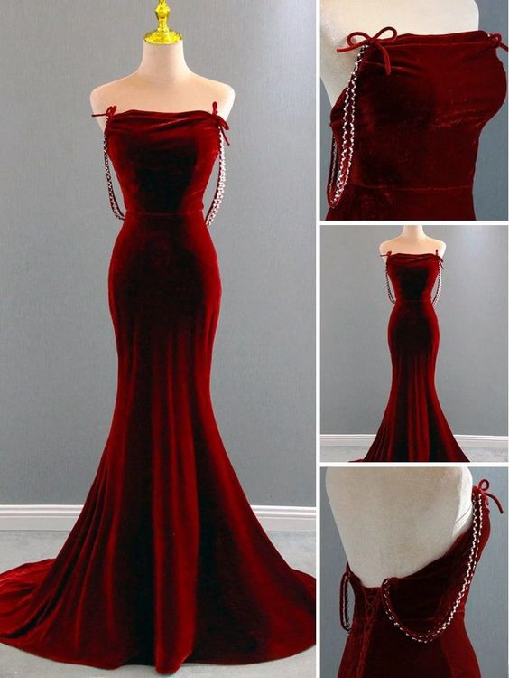 Charming Mermaid Wine Red Long Velvet Evening Dress  Y7404