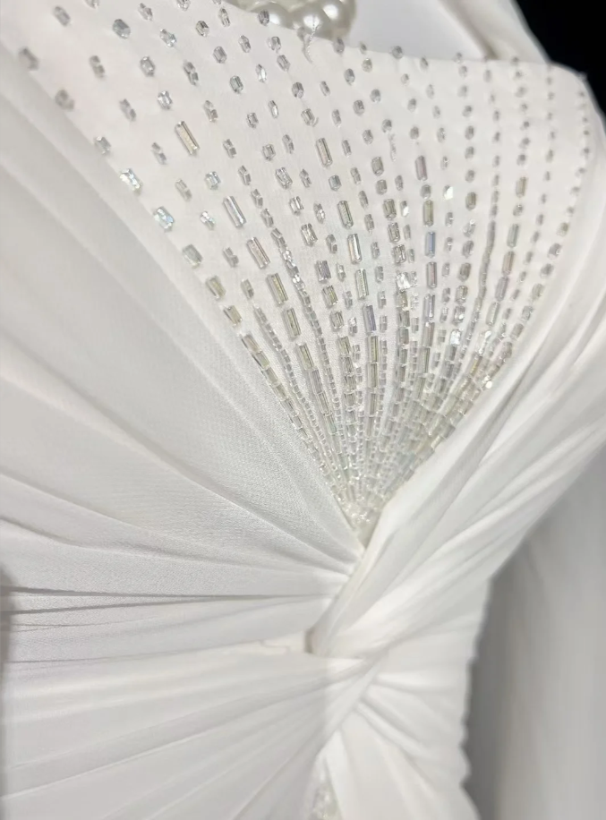 Classy Spaghetti Straps White Chiffon Beaded Mermaid Long Evening Dress Formal Birthday Prom Dresses With Cape SP1381