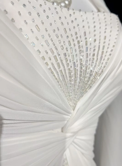 Classy Spaghetti Straps White Chiffon Beaded Mermaid Long Evening Dress Formal Birthday Prom Dresses With Cape SP1381