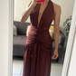 Sexy Halter Backless Brown A Line Slit Prom Dress ,Deep V Evening Dress Y8481