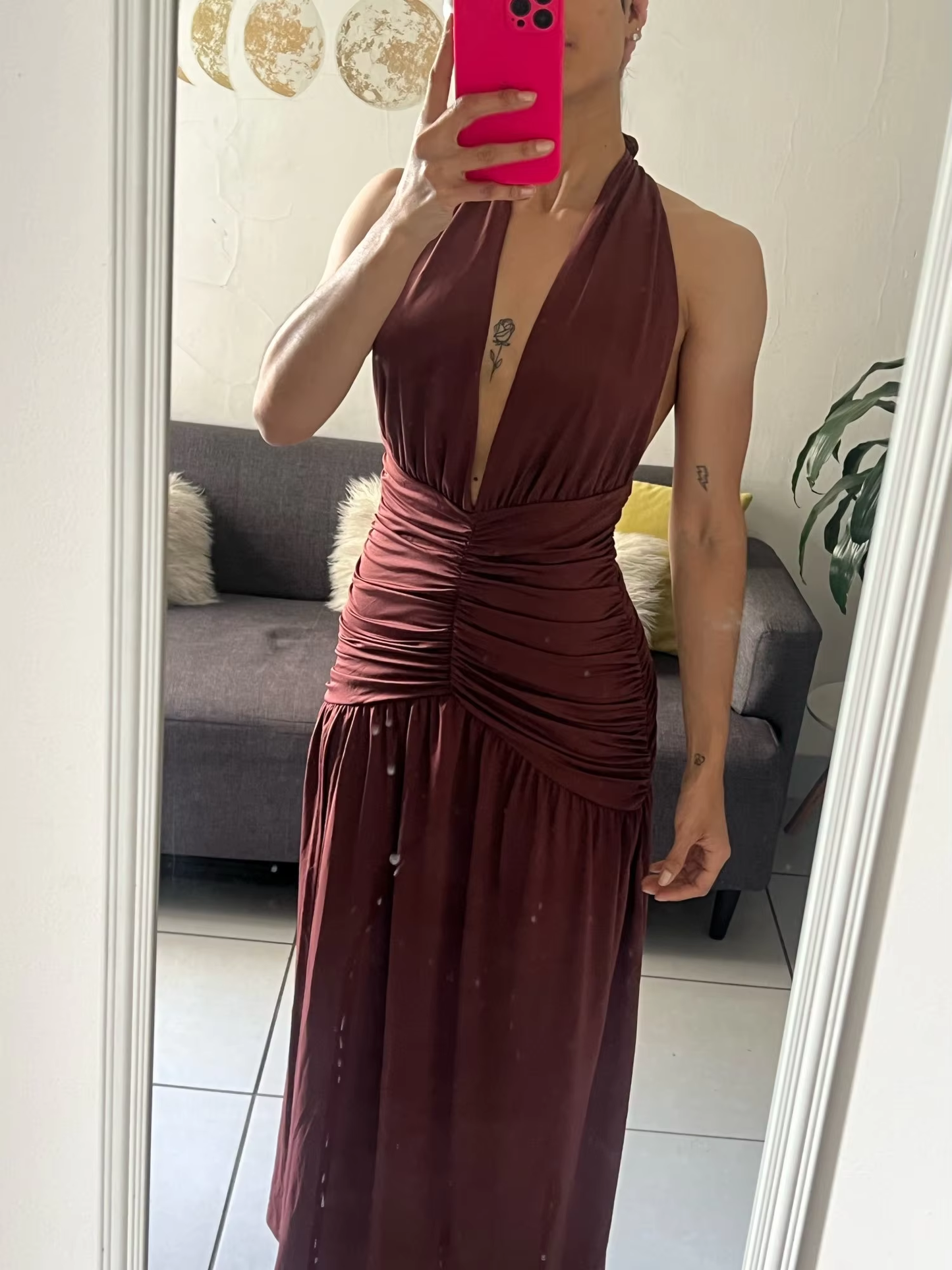Sexy Halter Backless Brown A Line Slit Prom Dress ,Deep V Evening Dress Y8481