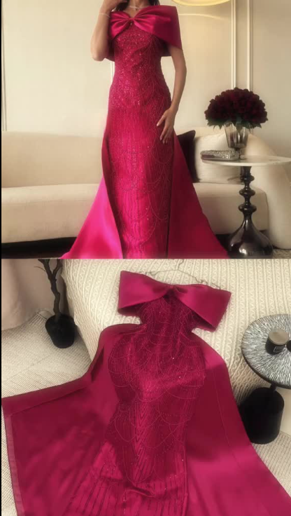 Gorgeous Hot Pink Bow Off The Shoulder Satin Sequin Beaded Long Evening Dress Prom Dresses SP732