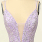 Lilac A-line V Neck Tulle Applique Lace-Up Back Long Prom Dress,Y2464