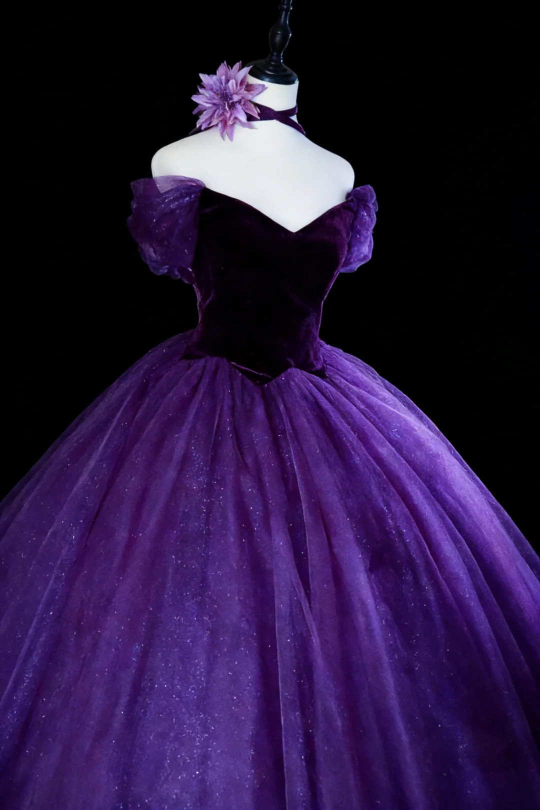 Charming Off The Shoulder Princess Ball Gown Purple Velvet Tulle Sequin Birthday Quinceanera Dress Sweet 15 Dress SP2035