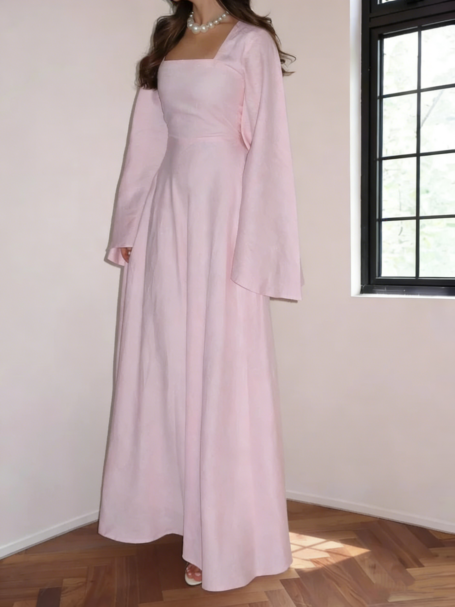 Elegant Pink Square Neck Satin A-Line Long Wedding Guest Dress Formal Party Dress SP1867