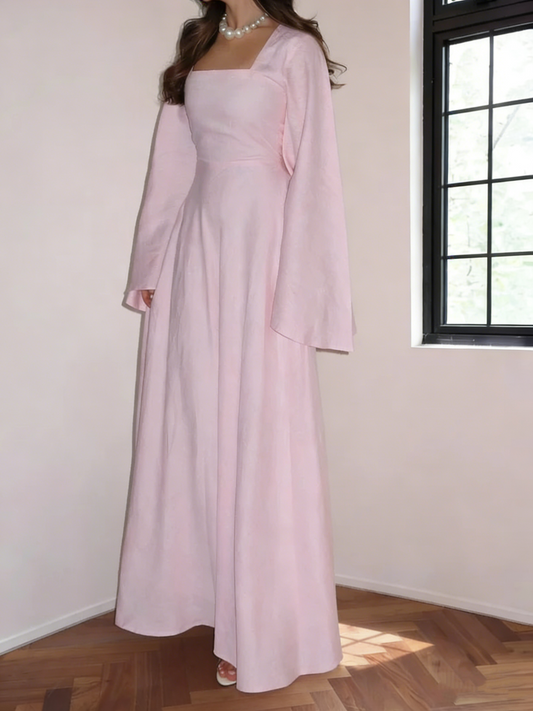 Elegant Pink Square Neck Satin A-Line Long Wedding Guest Dress Formal Party Dress SP1867