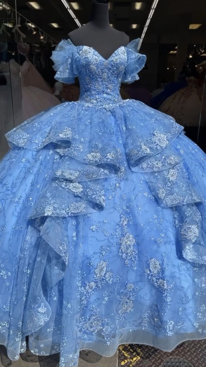 Luxurious Blue Lace Tulle Ball Gown,Blue Sweet 16 Dress,Quinceanera Dress Y4510