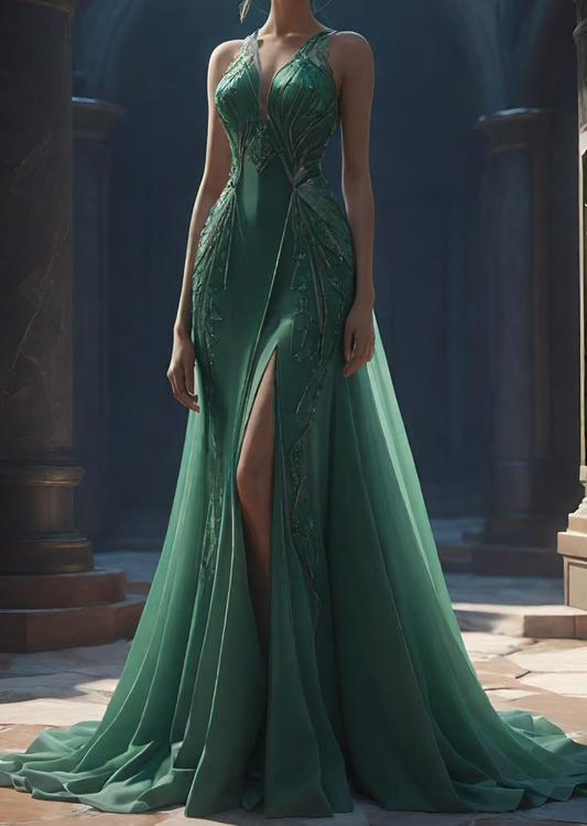 Gorgeous Green Satin Chiffon Appliques Evening Dress,Mermaid Long Prom Dress Y8367