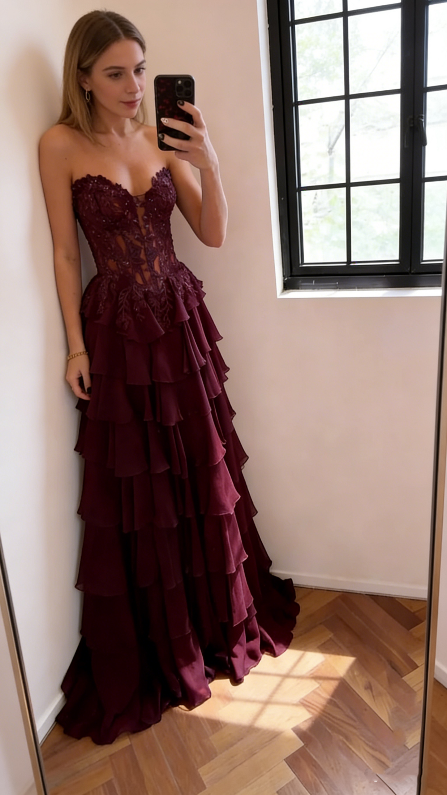 Gorgeous Strapless Navy Blue Chiffon Layered Long Party Dress Birthday Prom Dress With Appliques SP1673