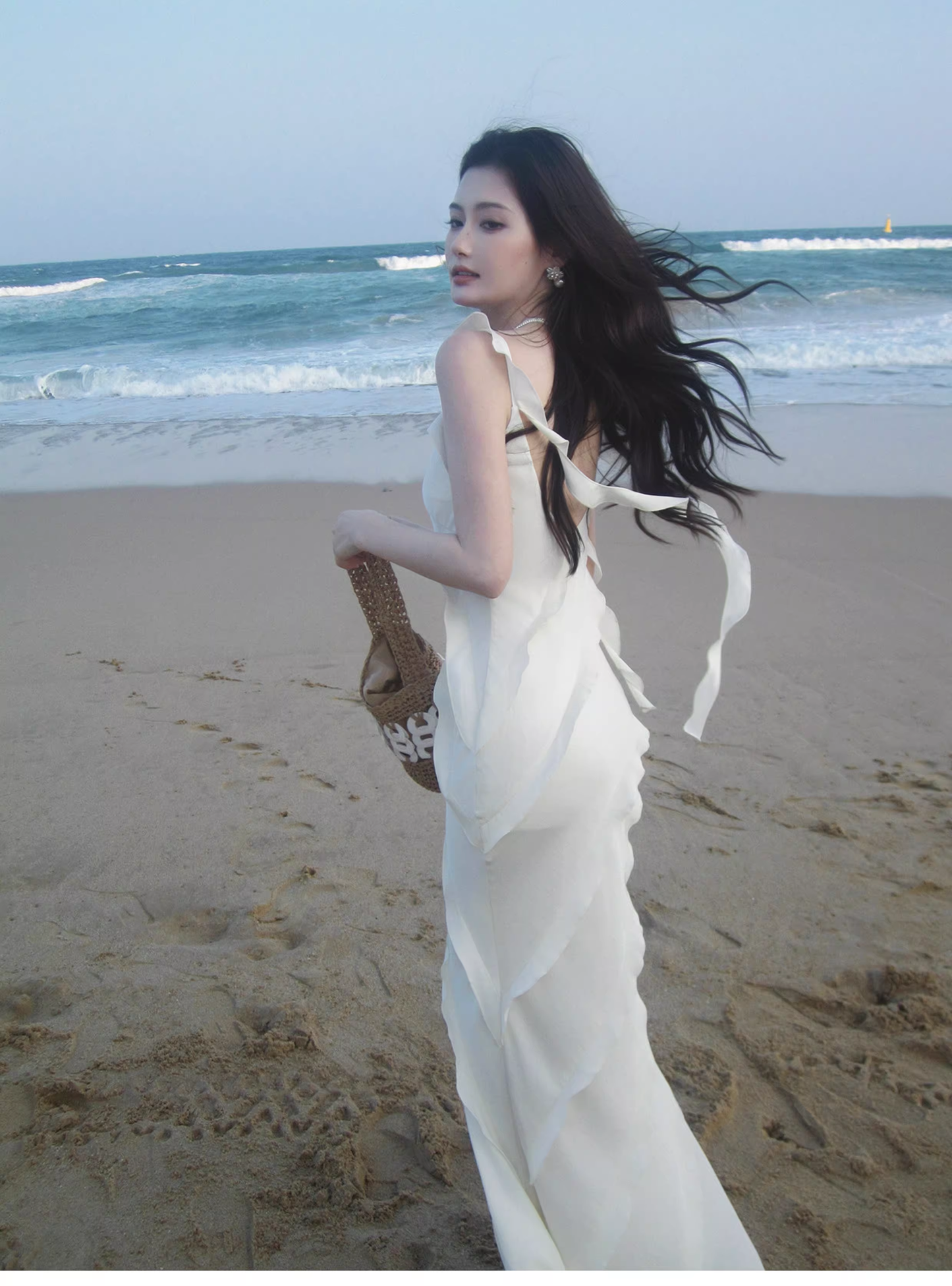 Classy V Neck White Satin Ruffles Mermaid Long Party Dress Formal Wedding Guest Dress SP1974