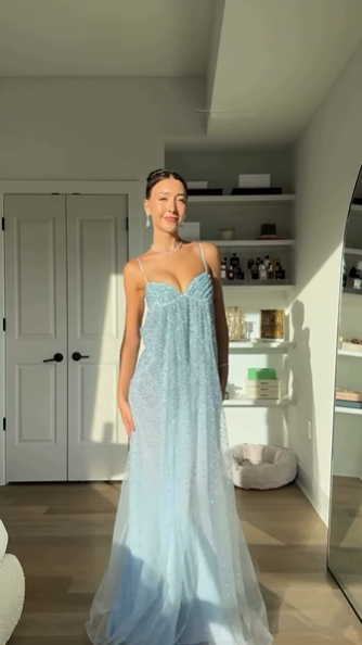 Shiny Spaghetti Straps Light Blue Tulle Sequin Long Wedding Guest Dress Formal Birthday Party Dress SP1403