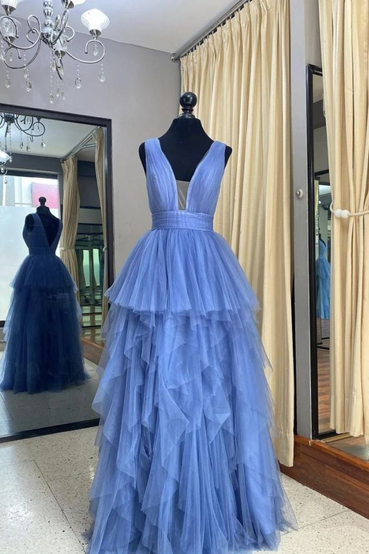 Blue tulle long prom dress A line evening dress Y5340