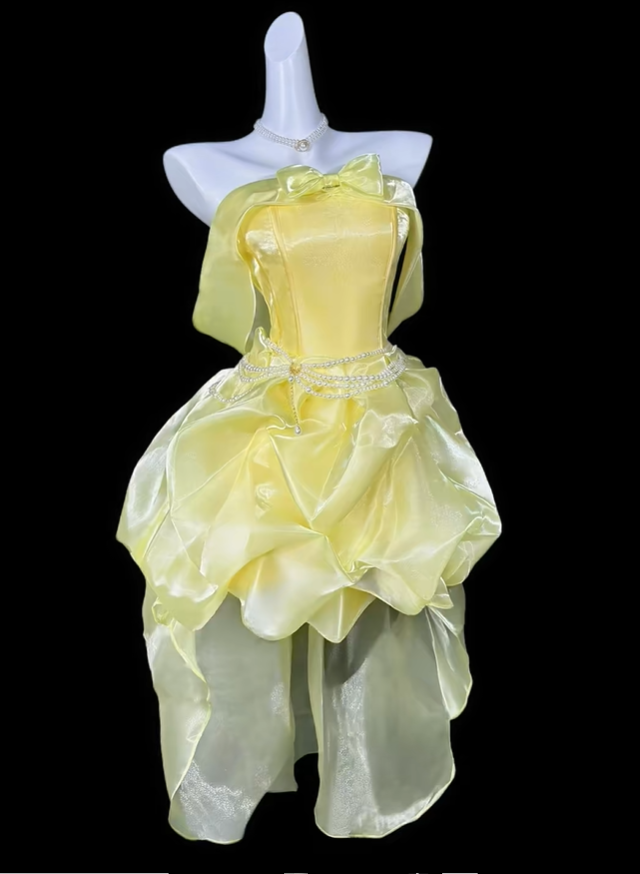 Chic Yellow Satin Organza Pleated Short 8th Grade Homecoming Dress,Off The Shoulder Short Birthday Outfits SP3529