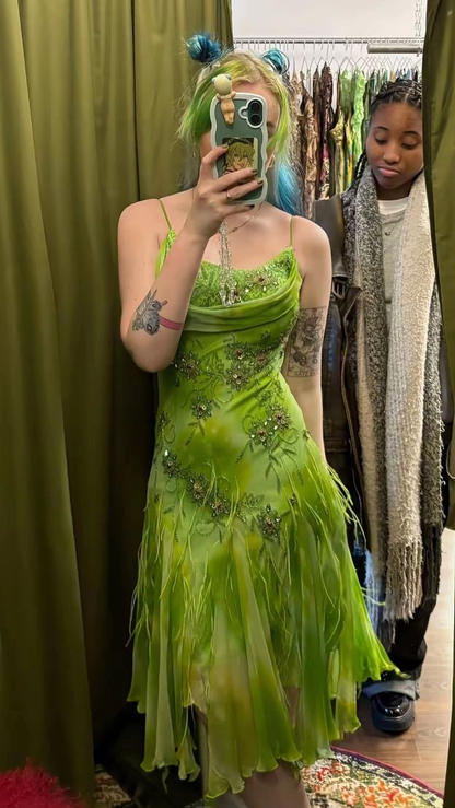 Unique Spaghetti Straps Apple Green Chiffon Beaded Mermaid Midi Prom Dress Formal Evening Gowns SP2175