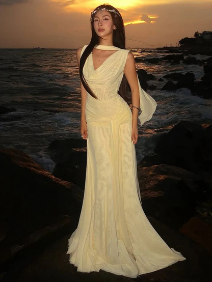 Stylish Yellow Chiffon Pleated Mermaid Evening Dress Long Prom Gown  SP833