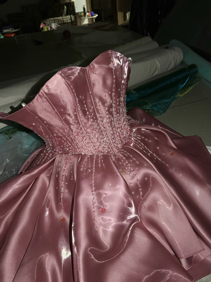 Charming Pink Satin Beaded Hi-Low Long Party Dress Birthday Dress SP2065